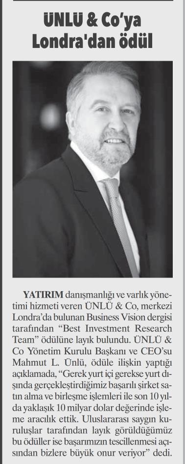 ÜNLÜ & Co'ya Londra'dan Ödül, Aydınlık Gazetesi