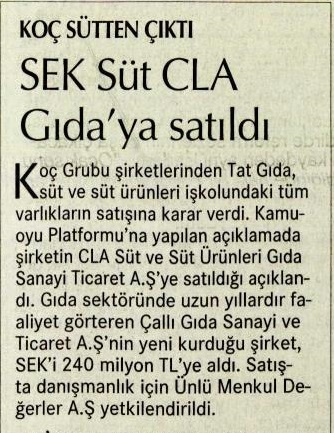 Koç Sütten Çıktı, SEK Süt CLA'ya Satıldı, Cumhuriyet Gazetesi