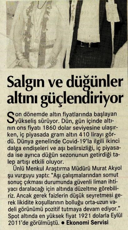 Salgın ve düğünler altını güçlendiriyor, Cumhuriyet Gazetesi