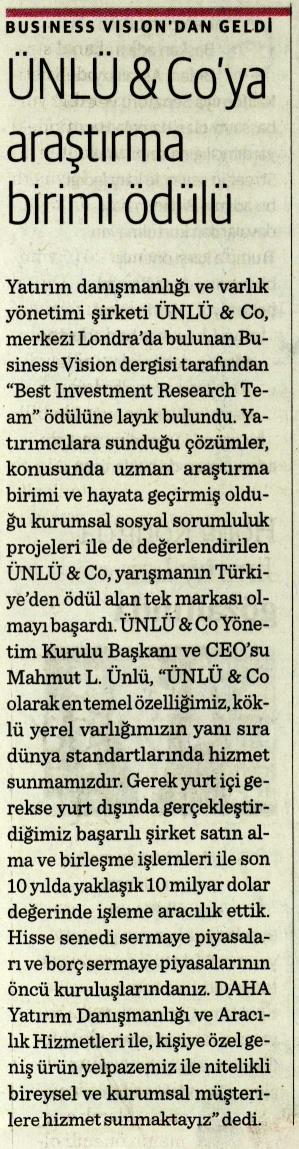 ÜNLÜ & Co'ya Araştırma Birimi Ödülü, Dünya Gazetesi
