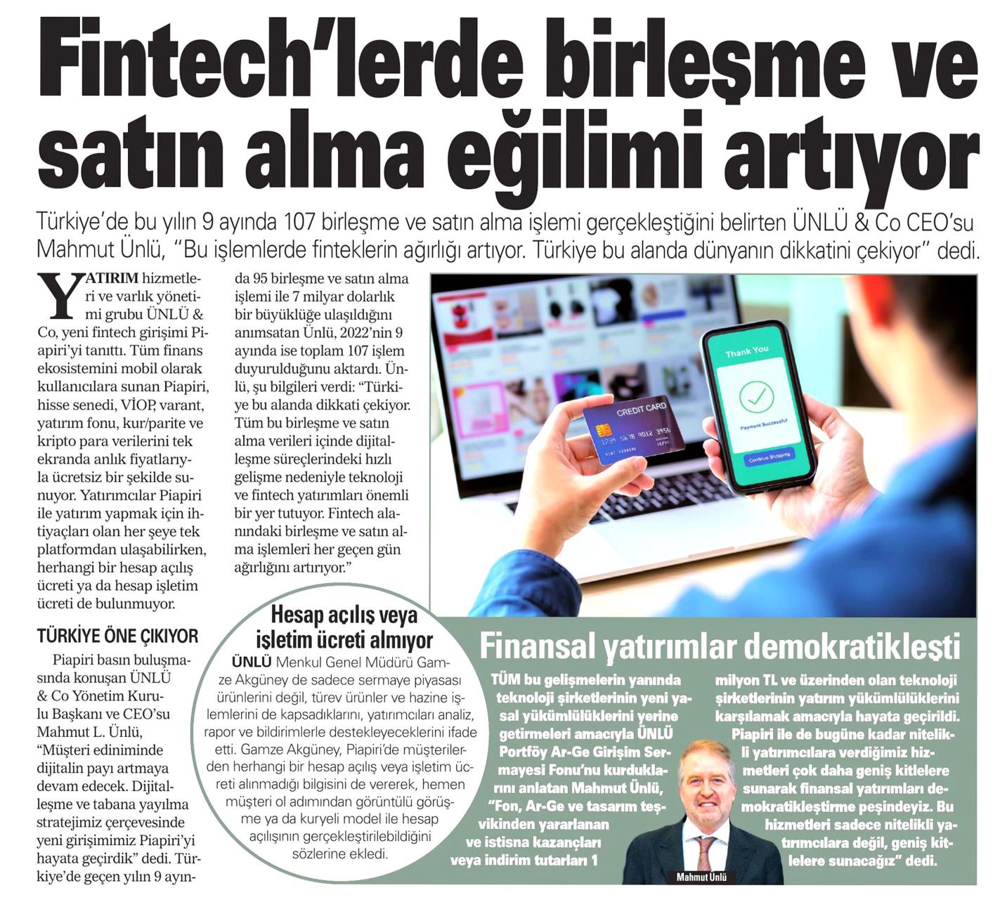 "Fintech’lerde birleşme ve satın alma eğilimi artıyor", Akşam Gazetesi