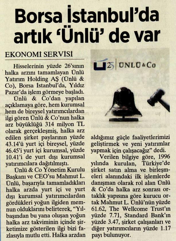 Borsa İstanbul'da Artık "ÜNLÜ" De Var, Milliyet Gazetesi