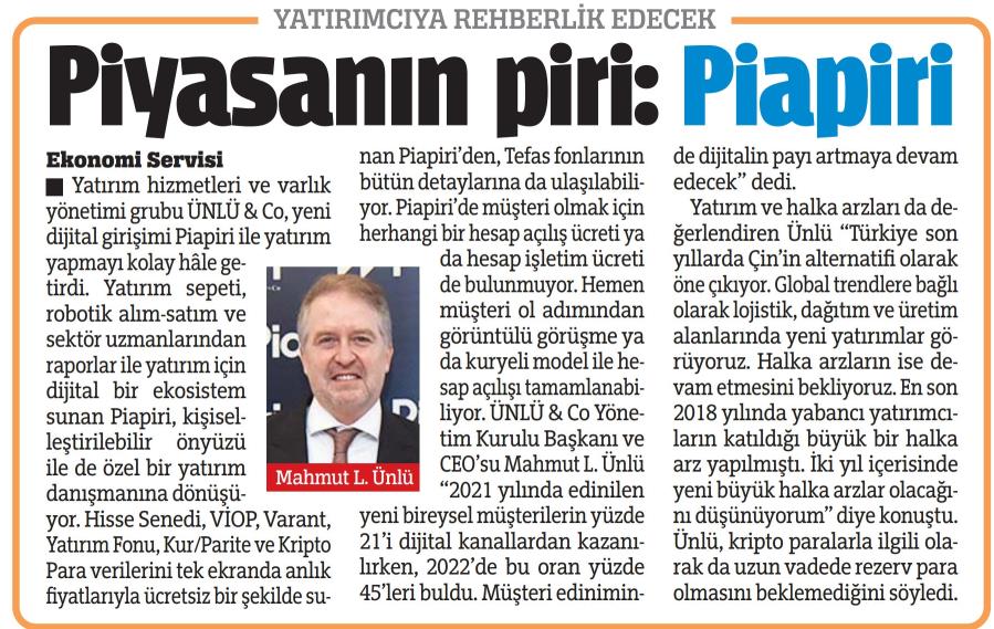 Piyasanın Piri: Piapiri, Türkiye Gazetesi