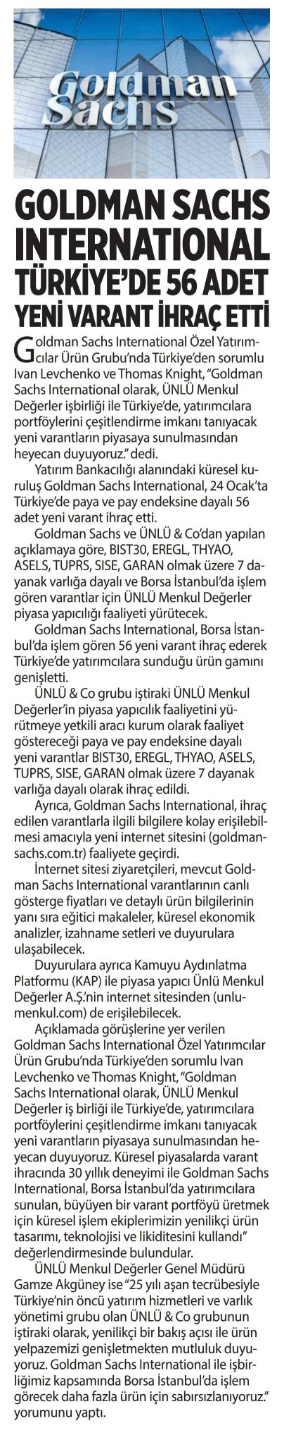 Goldman Sachs International Türkiye'de 56 Adet Yeni Varant İhraç Etti, Yeni Birlik Gazetesi